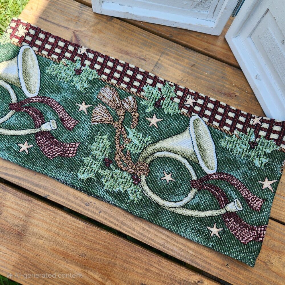 Holly Bugle Christmas Holiday Tapestry 65" Table Runner Tassel Gold Green Wine
